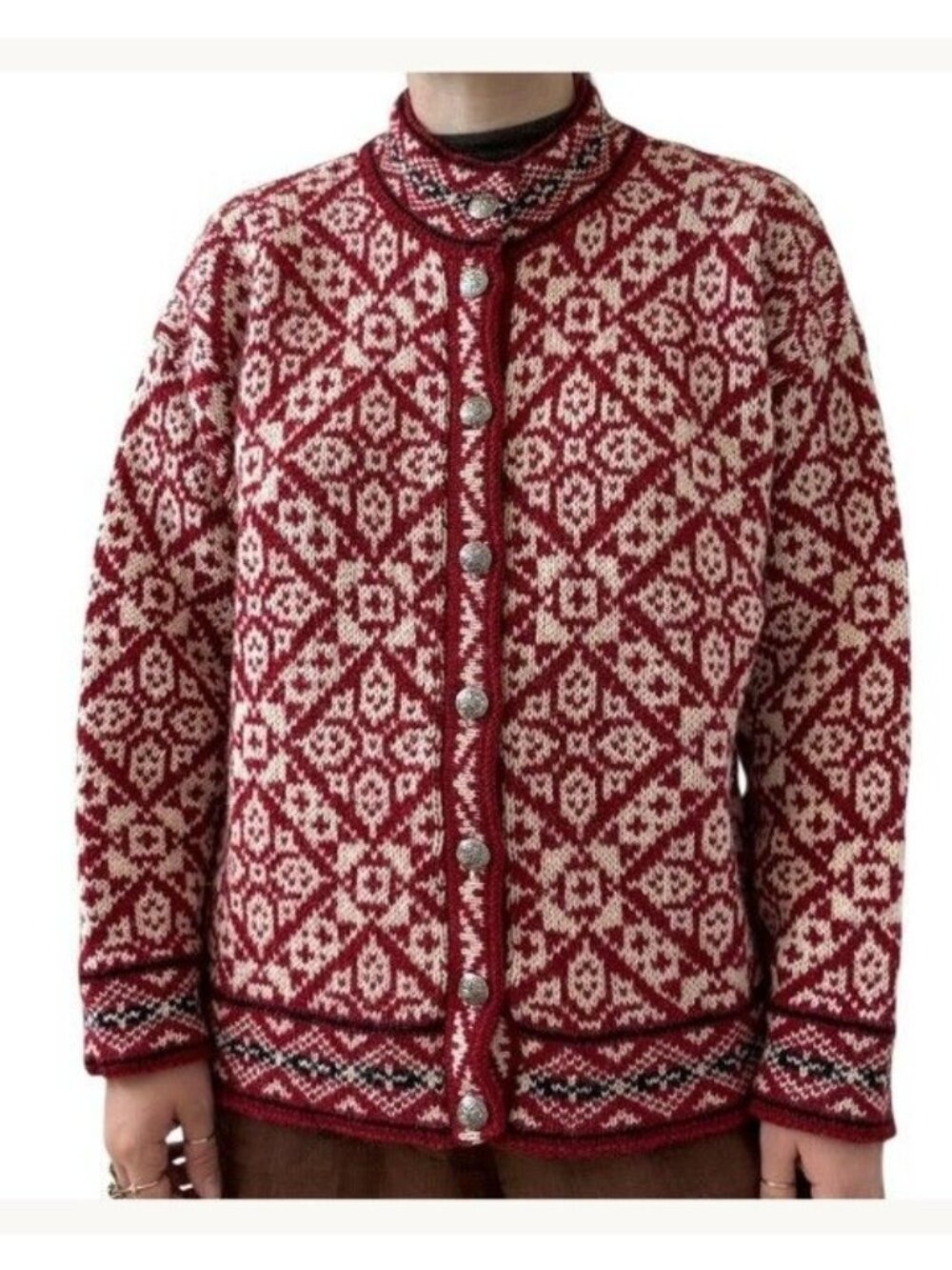 Vintage L.L. Bean Nordic Wool Cardigan Sweater Fair Isle Red & Cream Size Small